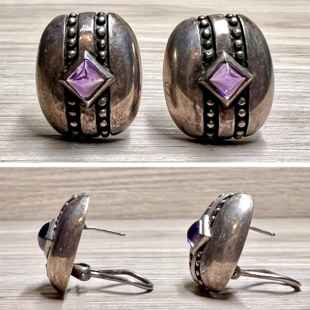 Vintage Designer JJ Marco Sterling Silver Amethyst Post Earrings, Omega Back